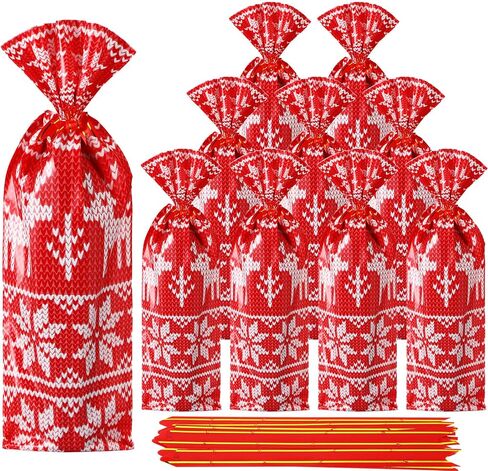 Teling 100 Pcs Christmas Wine Bottle Gift Bags Cellophane Christmas Wine Bags Red Sweater Wine Bag Cover Including 50 Pcs Wine Wrapping Bags and 50 Pcs Pull Bows for Christmas Holiday Party in Saudi Arabia