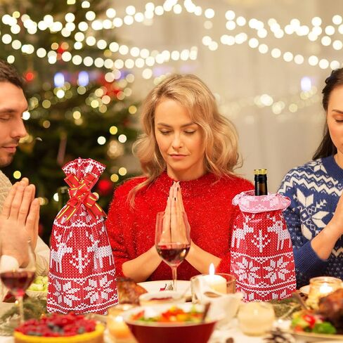 Teling 100 Pcs Christmas Wine Bottle Gift Bags Cellophane Christmas Wine Bags Red Sweater Wine Bag Cover Including 50 Pcs Wine Wrapping Bags and 50 Pcs Pull Bows for Christmas Holiday Party in Saudi Arabia