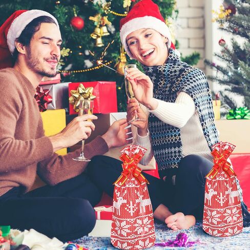 Teling 100 Pcs Christmas Wine Bottle Gift Bags Cellophane Christmas Wine Bags Red Sweater Wine Bag Cover Including 50 Pcs Wine Wrapping Bags and 50 Pcs Pull Bows for Christmas Holiday Party in Saudi Arabia