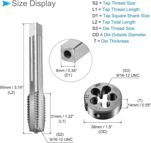 مجموعة مقبض المخزون من Tap and Die، 9/16-12 UNC Die & Fit 26mm-38mm OD / M12-M16 Die، مجموعة أدوات التنصت على الخيوط الفولاذية عالية السرعة ومفتاح الربط - (التطبيقات: لإصلاح الخيوط) in Kuwait
