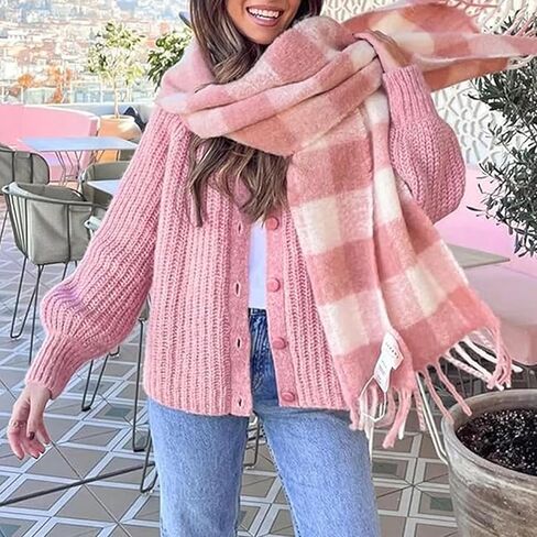 سترة صوفية Hixiaohe للنساء بأكمام طويلة وأزرار Y2K سترة محبوكة مكتنزة للخريف كاجوال مفتوحة من الأمام ملابس خارجية معطف تريكو (وردي، S) in Kuwait