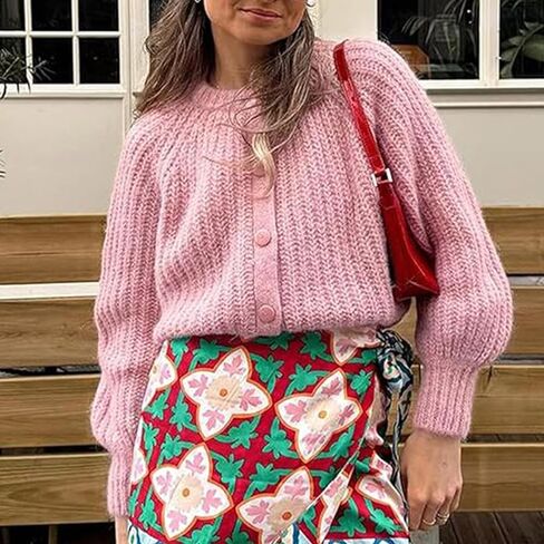 سترة صوفية Hixiaohe للنساء بأكمام طويلة وأزرار Y2K سترة محبوكة مكتنزة للخريف كاجوال مفتوحة من الأمام ملابس خارجية معطف تريكو (وردي، S) in Kuwait