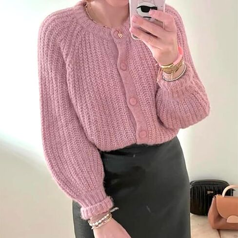 سترة صوفية Hixiaohe للنساء بأكمام طويلة وأزرار Y2K سترة محبوكة مكتنزة للخريف كاجوال مفتوحة من الأمام ملابس خارجية معطف تريكو (وردي، S) in Kuwait