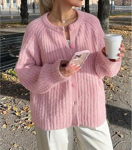 سترة صوفية Hixiaohe للنساء بأكمام طويلة وأزرار Y2K سترة محبوكة مكتنزة للخريف كاجوال مفتوحة من الأمام ملابس خارجية معطف تريكو (وردي، S) in Kuwait