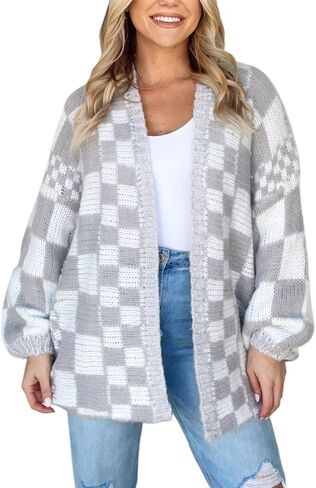 Womens Checkered Cardigan Sweater Loose Long Sleeve Open Front Sweater Knit Coat Casual Oversized Plaid Cardigan Tops in Saudi Arabia