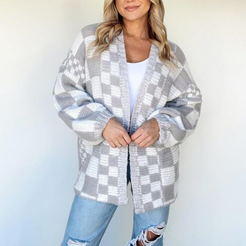 Womens Checkered Cardigan Sweater Loose Long Sleeve Open Front Sweater Knit Coat Casual Oversized Plaid Cardigan Tops in Saudi Arabia