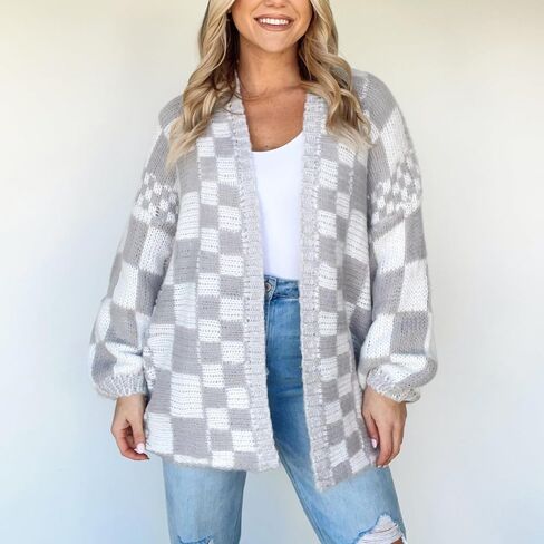 Womens Checkered Cardigan Sweater Loose Long Sleeve Open Front Sweater Knit Coat Casual Oversized Plaid Cardigan Tops in Saudi Arabia
