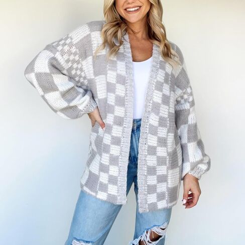Womens Checkered Cardigan Sweater Loose Long Sleeve Open Front Sweater Knit Coat Casual Oversized Plaid Cardigan Tops in Saudi Arabia