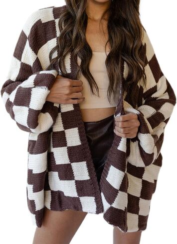 Womens Checkered Cardigan Sweater Loose Long Sleeve Open Front Sweater Knit Coat Casual Oversized Plaid Cardigan Tops in Saudi Arabia