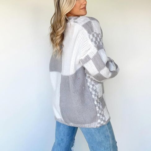 Womens Checkered Cardigan Sweater Loose Long Sleeve Open Front Sweater Knit Coat Casual Oversized Plaid Cardigan Tops in Saudi Arabia