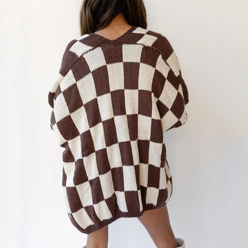 Womens Checkered Cardigan Sweater Loose Long Sleeve Open Front Sweater Knit Coat Casual Oversized Plaid Cardigan Tops in Saudi Arabia