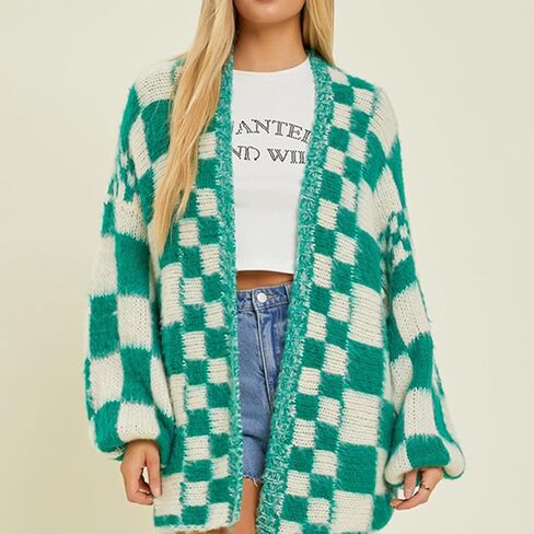 Womens Checkered Cardigan Sweater Loose Long Sleeve Open Front Sweater Knit Coat Casual Oversized Plaid Cardigan Tops in Saudi Arabia