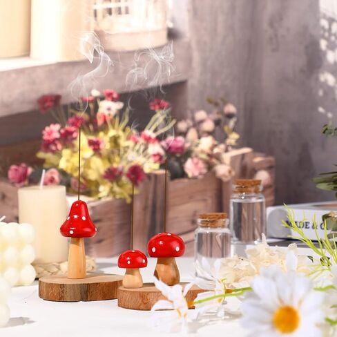 3 Pcs Mini Mushroom Incense Holder Decors Set Red Spot Mushroom Insencents Holder with 2 Pcs Rustic Wood Slices Tray Cute Incense Stick Holders Mushroom Decor Aesthetic Gift for Mother Friends Family in Saudi Arabia