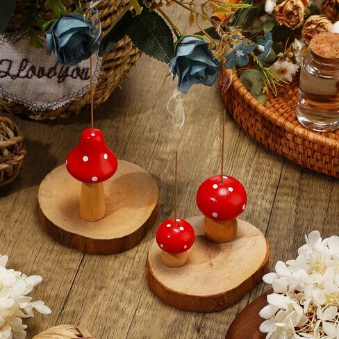 3 Pcs Mini Mushroom Incense Holder Decors Set Red Spot Mushroom Insencents Holder with 2 Pcs Rustic Wood Slices Tray Cute Incense Stick Holders Mushroom Decor Aesthetic Gift for Mother Friends Family in Saudi Arabia