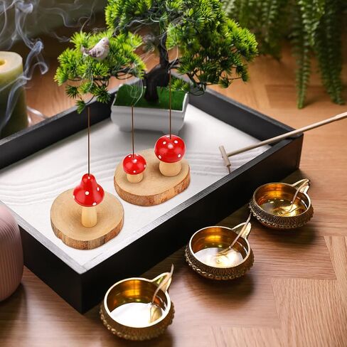 3 Pcs Mini Mushroom Incense Holder Decors Set Red Spot Mushroom Insencents Holder with 2 Pcs Rustic Wood Slices Tray Cute Incense Stick Holders Mushroom Decor Aesthetic Gift for Mother Friends Family in Saudi Arabia