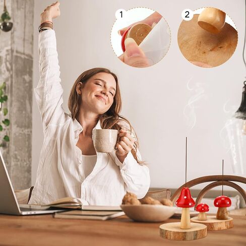 3 Pcs Mini Mushroom Incense Holder Decors Set Red Spot Mushroom Insencents Holder with 2 Pcs Rustic Wood Slices Tray Cute Incense Stick Holders Mushroom Decor Aesthetic Gift for Mother Friends Family in Saudi Arabia