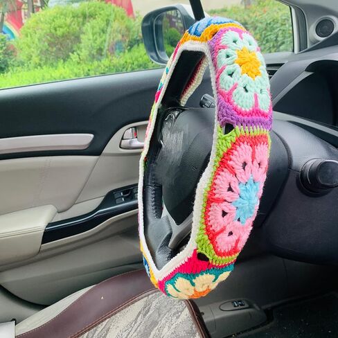 Handmade Crochet Steering Wheel Cover for Women Girl, Galsang Flower Seat Belt Cover. (Steering Wheel Cover) in Saudi Arabia