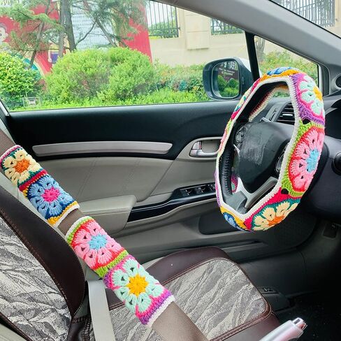Handmade Crochet Steering Wheel Cover for Women Girl, Galsang Flower Seat Belt Cover. (Steering Wheel Cover) in Saudi Arabia