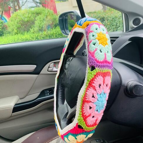 Handmade Crochet Steering Wheel Cover for Women Girl, Galsang Flower Seat Belt Cover. (Steering Wheel Cover) in Saudi Arabia