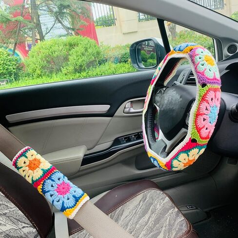 Handmade Crochet Steering Wheel Cover for Women Girl, Galsang Flower Seat Belt Cover. (Steering Wheel Cover) in Saudi Arabia