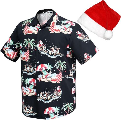 JASGOOD Hawaiian Christmas Shirt for Men Short Sleeve Button Down Santa Vacation Shirts Beach Camp Shirt and Christmas Hat in Saudi Arabia