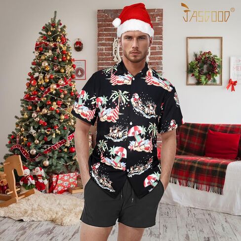 JASGOOD Hawaiian Christmas Shirt for Men Short Sleeve Button Down Santa Vacation Shirts Beach Camp Shirt and Christmas Hat in Saudi Arabia
