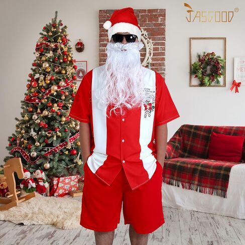 JASGOOD Hawaiian Christmas Shirt for Men Short Sleeve Button Down Santa Vacation Shirts Beach Camp Shirt and Christmas Hat in Saudi Arabia