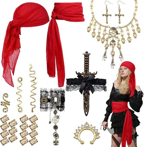 26 Pcs Women Pirate Costume Accessories Set Pirate Head Scarf Sash Pirate Bracelet Necklace Jewelry Set for Cosplay in Saudi Arabia