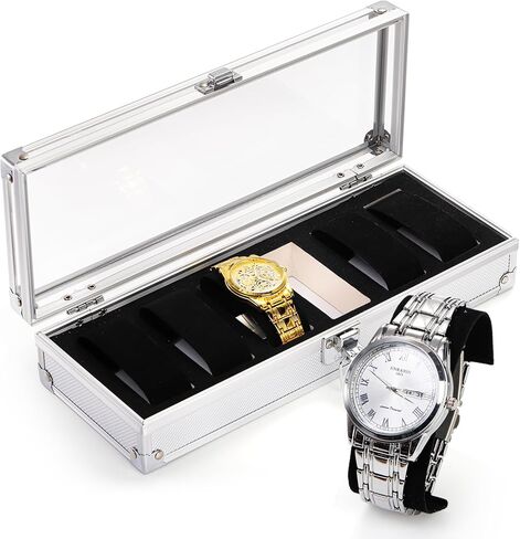 صندوق علبة الساعة، منظم عرض حامل للساعة بـ 6 فتحات مع غطاء أكريليك، وسادة ساعة قابلة للإزالة، تخزين مجموعة مجوهرات الساعات للرجال والنساء in Kuwait
