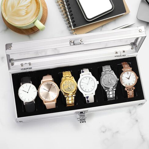 صندوق علبة الساعة، منظم عرض حامل للساعة بـ 6 فتحات مع غطاء أكريليك، وسادة ساعة قابلة للإزالة، تخزين مجموعة مجوهرات الساعات للرجال والنساء in Kuwait