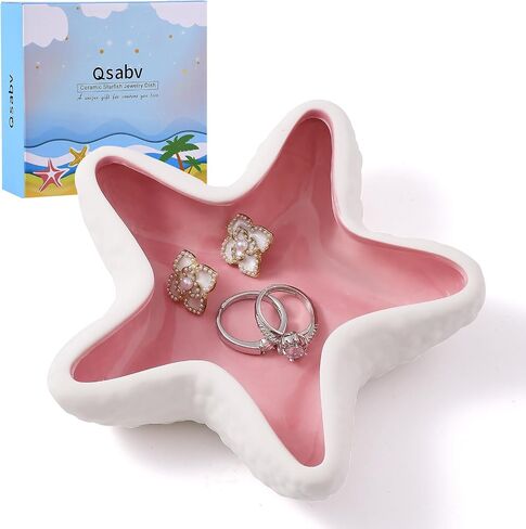 Starfish Ceramic Jewelry Tray, Blue Shell Trinket Dish, Ocean-themed Ring Holder Dish Decorative Plate for Earrings Necklaces Bracelet Watch Key, Coastal Beach Room Decor in Saudi Arabia