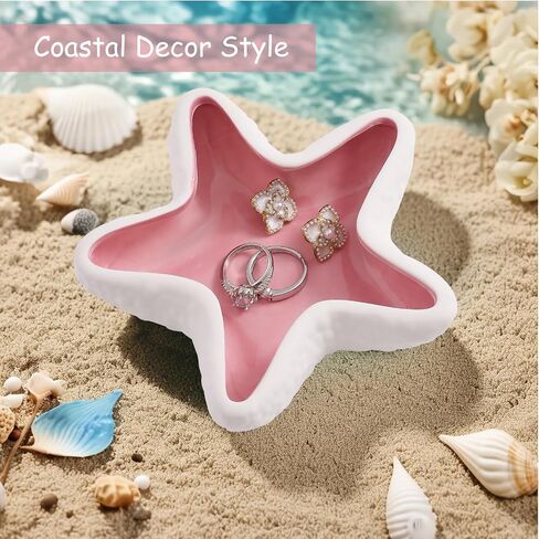 Starfish Ceramic Jewelry Tray, Blue Shell Trinket Dish, Ocean-themed Ring Holder Dish Decorative Plate for Earrings Necklaces Bracelet Watch Key, Coastal Beach Room Decor in Saudi Arabia
