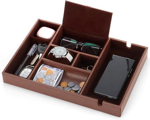Valet Tray for Men - Nightstand Mens Valet Tray with 7 Compartments, Faux Leather Valet Tray for Men, Catchall EDC Trays Mens Dresser Top Organizer for Glasses, Phone, Keys, Wallet, Brown in Saudi Arabia
