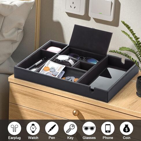 Valet Tray for Men - Nightstand Mens Valet Tray with 7 Compartments, Faux Leather Valet Tray for Men, Catchall EDC Trays Mens Dresser Top Organizer for Glasses, Phone, Keys, Wallet, Brown in Saudi Arabia