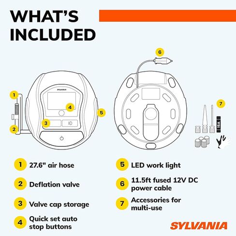 Sylvania Rapid Portable Tire Inflator - Fast Portable Air Compressor - For Cars Tires, Bikes & More - Digital Dial on Car Tire Inflator - 3 Piece Adapter Set in Saudi Arabia