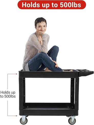 Utility Service Cart 2 Shelf 500 Lbs Utility Cart On Wheels, Heavy Duty Rolling Tool Cart, 2 Tier Rolling Cart for Warehouse, Garage, Cleaning, Jobsite, Manufacturing, Maintenance, 45"×25" in Kuwait