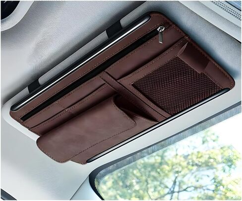 Car Sun Visor Organizer, Soft Leather Surface Eyeglasses Note Card Holder Car Storage Bag, Scratch-Resistant Waterproof Auto Sunshade Organizer Bag, Car Accessories (Brown) in Saudi Arabia
