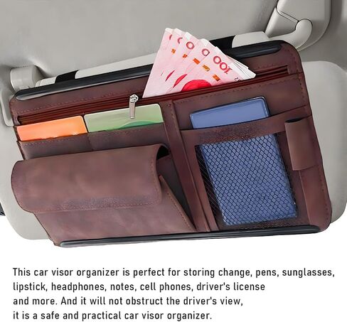 Car Sun Visor Organizer, Soft Leather Surface Eyeglasses Note Card Holder Car Storage Bag, Scratch-Resistant Waterproof Auto Sunshade Organizer Bag, Car Accessories (Brown) in Saudi Arabia