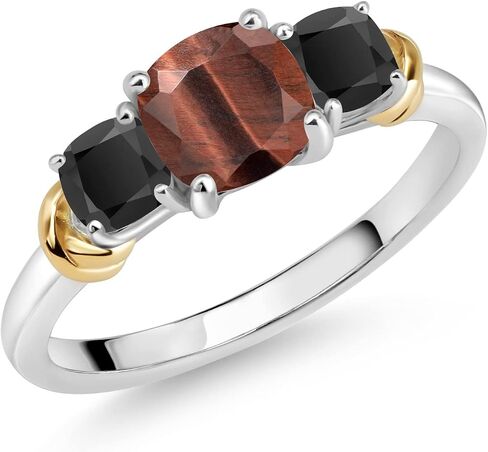 خاتم خطوبة من Gem Stone King من الفضة الإسترليني عيار 925 والذهب الأصفر عيار 10 قيراط وعين النمر الأحمر والعقيق الأسود 3 أحجار للنساء (1.56 قيراط، قطع وسادة 6 مم و4 مم، متوفر بمقاس 5، 6، 7، 8، 9) in Saudi Arabia