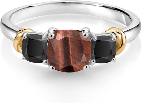 خاتم خطوبة من Gem Stone King من الفضة الإسترليني عيار 925 والذهب الأصفر عيار 10 قيراط وعين النمر الأحمر والعقيق الأسود 3 أحجار للنساء (1.56 قيراط، قطع وسادة 6 مم و4 مم، متوفر بمقاس 5، 6، 7، 8، 9) in Saudi Arabia