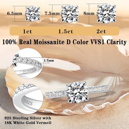 1CT/1.5CT/2CT Moissanite Engagement Rings for Women Size 5-10 Round D Color VVS1 Clarity Created Diamond and 925 Sterling Silver with 18K White Gold Vermeil in Saudi Arabia