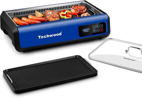 Techwood Indoor Smokeless Grill, 1500W Electric BBQ Grill and Non-Stick Grill Plates with Temperature Control, Removable Drip Tray, Tempered Glass Lid, Red in Saudi Arabia