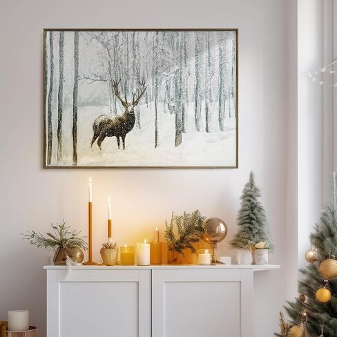 ArtbyHannah 20x28 بوصة عيد الميلاد قماش جدار الفن، مؤطرة ديكور جدار عيد الميلاد، جدار الفن الشتوي مع الغزلان في الغابة الثلجية، ديكور عيد الميلاد الرنة لتزيين جدار عيد الميلاد in Kuwait