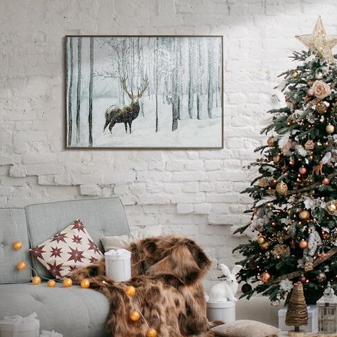 ArtbyHannah 20x28 بوصة عيد الميلاد قماش جدار الفن، مؤطرة ديكور جدار عيد الميلاد، جدار الفن الشتوي مع الغزلان في الغابة الثلجية، ديكور عيد الميلاد الرنة لتزيين جدار عيد الميلاد in Kuwait