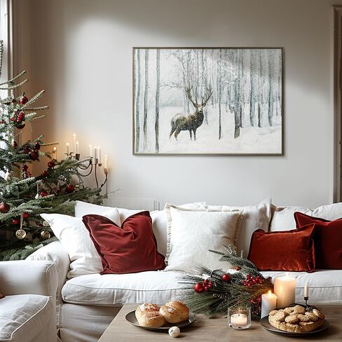 ArtbyHannah 20x28 بوصة عيد الميلاد قماش جدار الفن، مؤطرة ديكور جدار عيد الميلاد، جدار الفن الشتوي مع الغزلان في الغابة الثلجية، ديكور عيد الميلاد الرنة لتزيين جدار عيد الميلاد in Kuwait