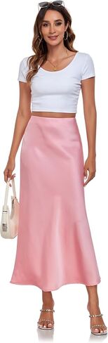 Women's Silk Satin Maxi Skirt High Waist Elastic A Line Fishtail Elegant Work Elastic Long Skirts in Saudi Arabia