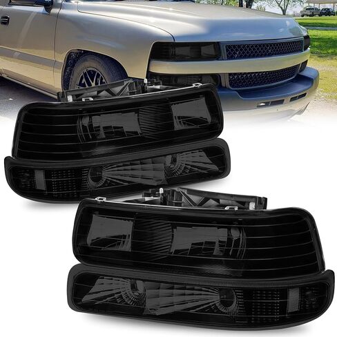 Headlight Assembly Compatible for 1999-2002 Chevy Silverado 1500 2500 | 2000-2006 Chevy Suburban 1500 2500 Tahoe Headlamp w/Black Housing/Smoked Lens/Transparent Reflector in Saudi Arabia