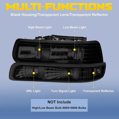 Headlight Assembly Compatible for 1999-2002 Chevy Silverado 1500 2500 | 2000-2006 Chevy Suburban 1500 2500 Tahoe Headlamp w/Black Housing/Smoked Lens/Transparent Reflector in Saudi Arabia