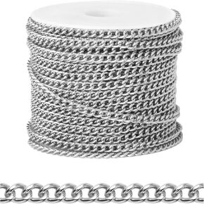 [33 FT] 18K Gold PVD Plated Curb Chains Bulk for Jewelry Making, 2mm 304 Stainless Steel Flat Twisted Links Curb Chains Roll Spool for Jewelry Making DIY Craft