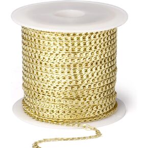 [33 FT] Gold Curb Chains Roll, 2mm Wide 14K Gold Plated Brass Curb Link Chain Roll Bulk for Jewelry Making